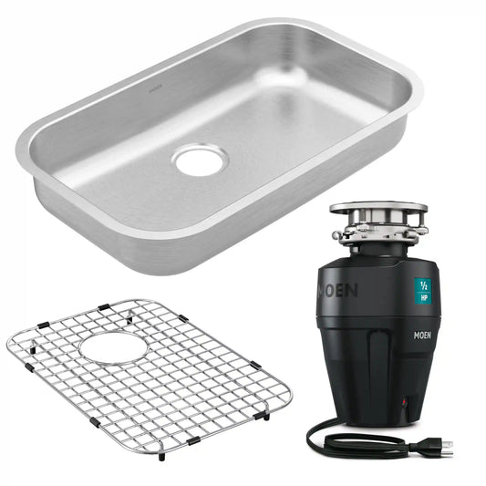 Kitchen Sink Bundle - Single Bowl Sink, Drain Grid, and Garbage Disposal