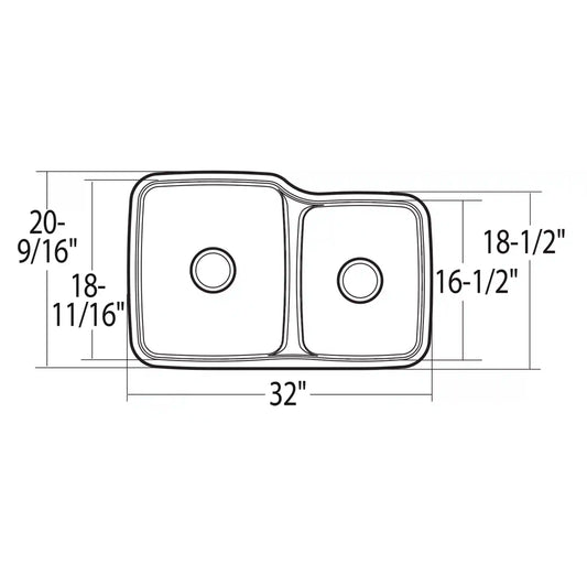 1800 Series Stainless steel 31 57/64" X 20 11/16" 18 Gauge Double Bowl Sink Center Drain